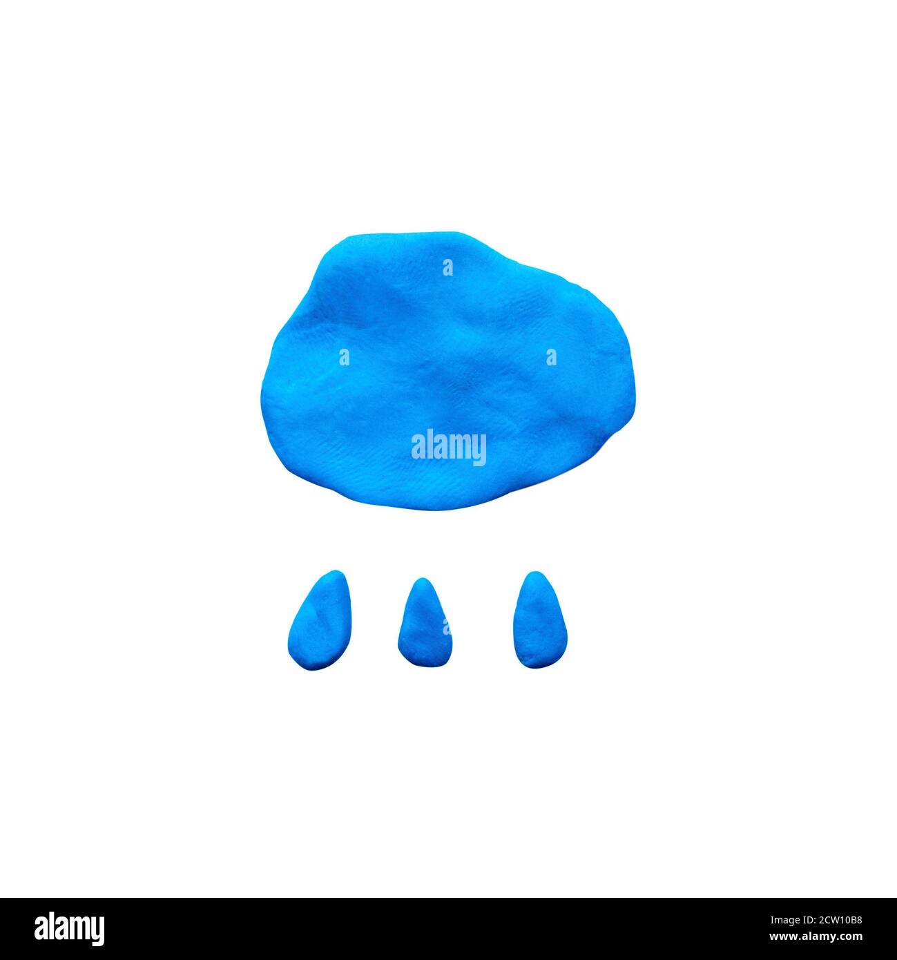 Plastilin Wolke mit Regentropfen isoliert auf weißem Hintergrund Stockfoto