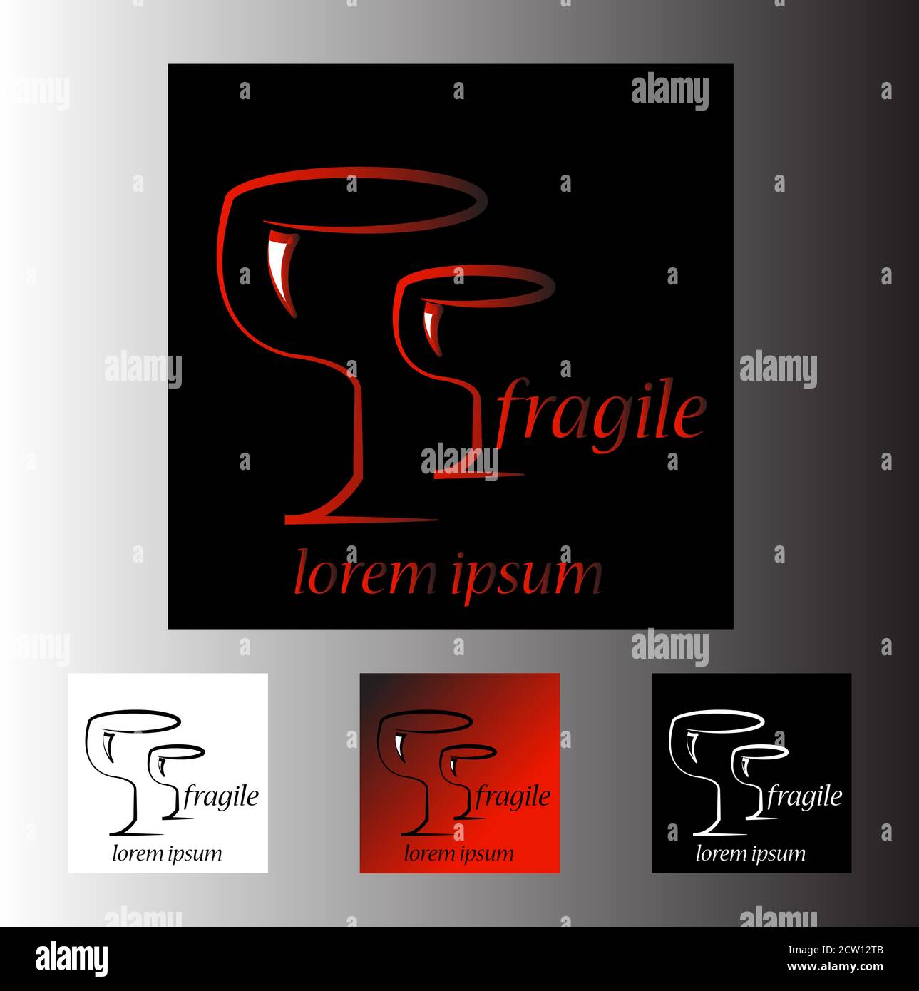 Fragiles Glas-Logo-Design in verschiedenen Farbkombinationen. Die Abbildung kann als Logo oder als Warnsymbol verwendet werden. Stock Vektor