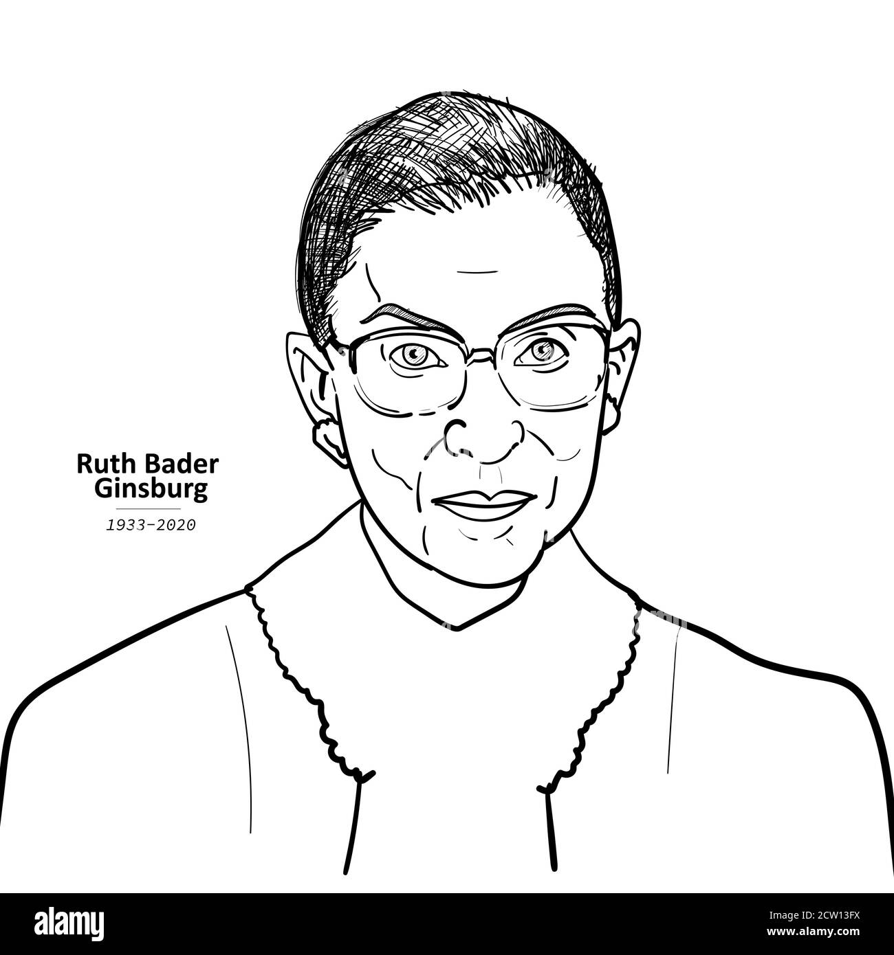 24. September 2020 Zeichnungs-Porträt des Obersten Gerichtshofs der Vereinigten Staaten, Ruth Bader Ginsburg isoliert auf weißem Hintergrund. vektor-Illustration. Stock Vektor