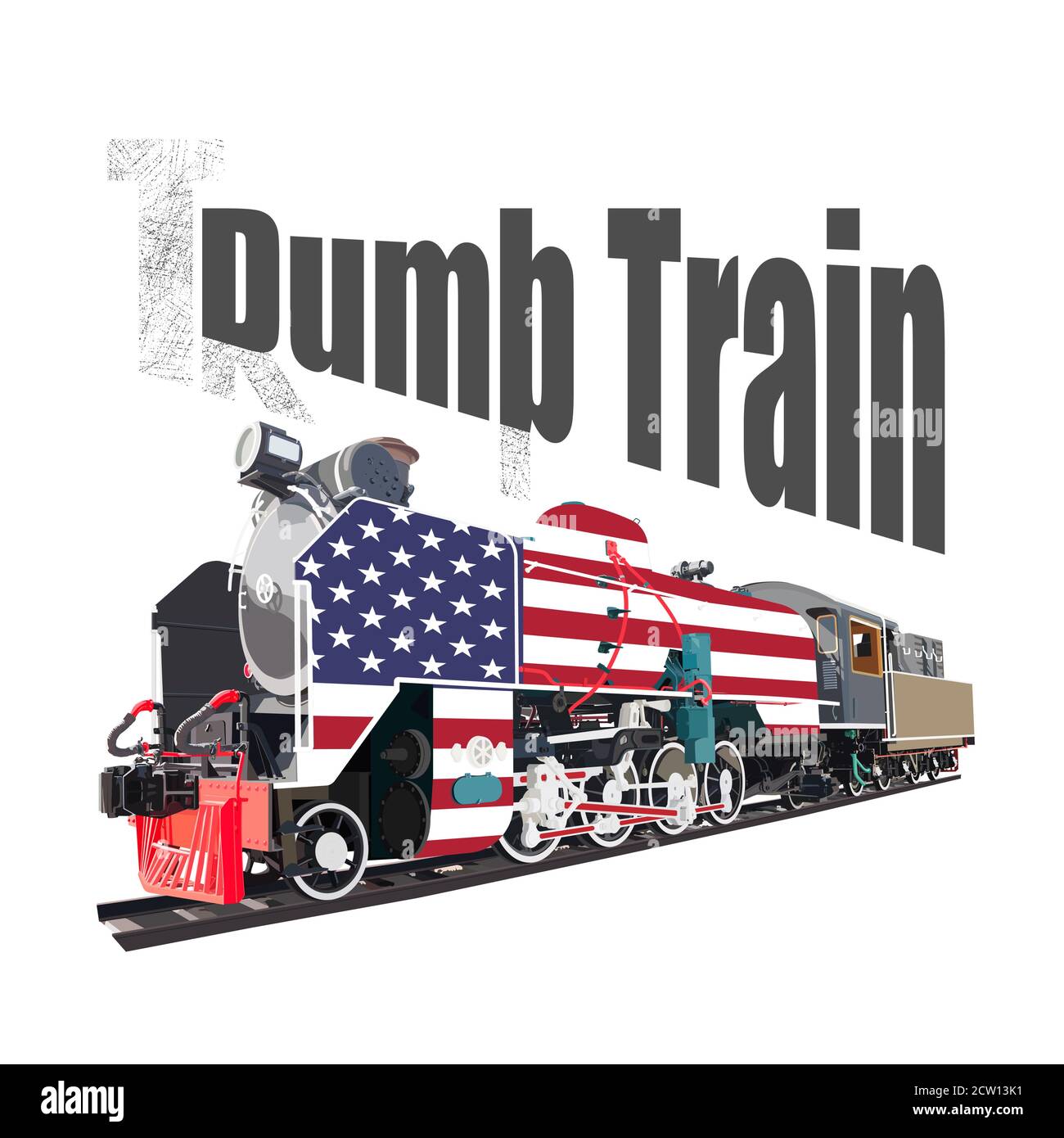Dumb Zug Wortspiel von Trump Zug, Dampflokomotive mit US-Flagge isoliert auf weißem Hintergrund. vektor-Illustration. Stock Vektor