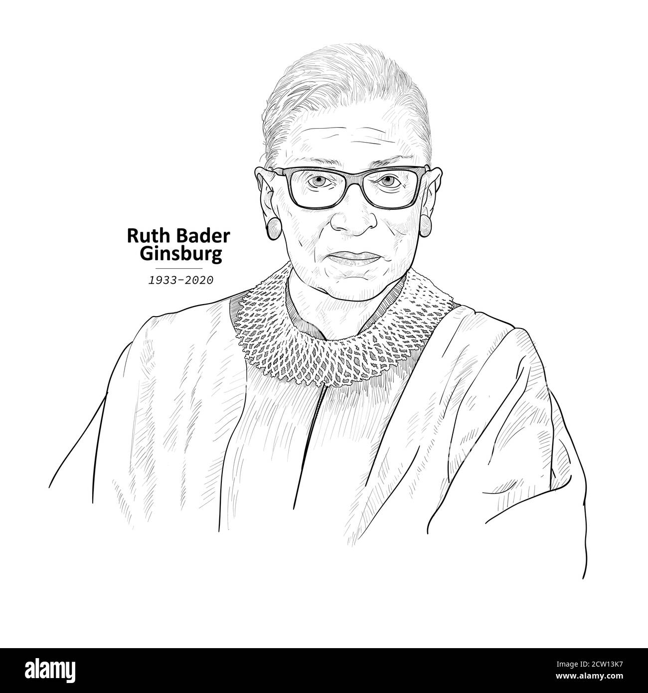 25. September 2020 Zeichnungs-Porträt des Obersten Gerichtshofs der Vereinigten Staaten, Ruth Bader Ginsburg, Vektorgrafik. Stock Vektor