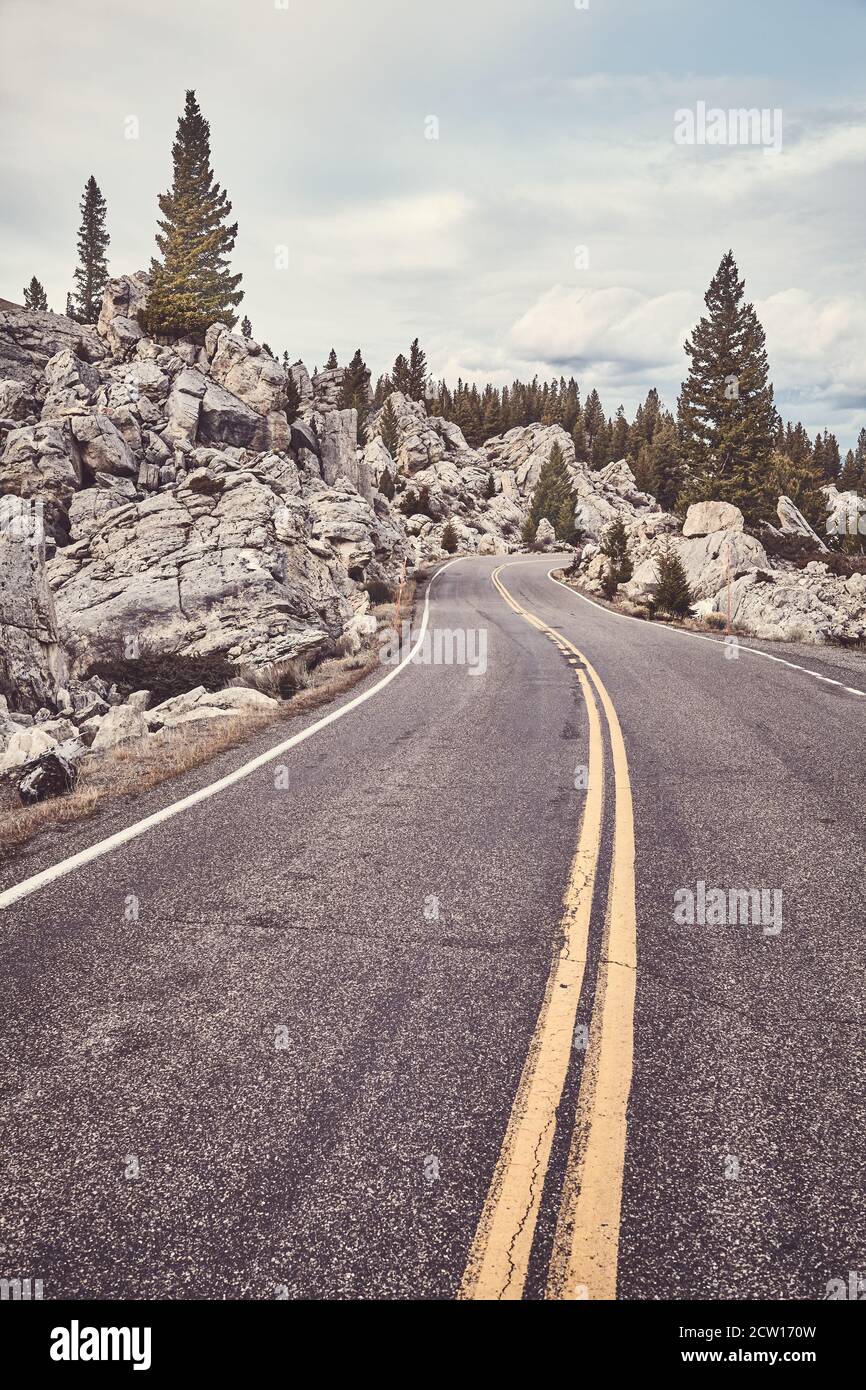 Straße im Yellowstone National Park, Farbtonung angewendet, Wyoming, USA. Stockfoto