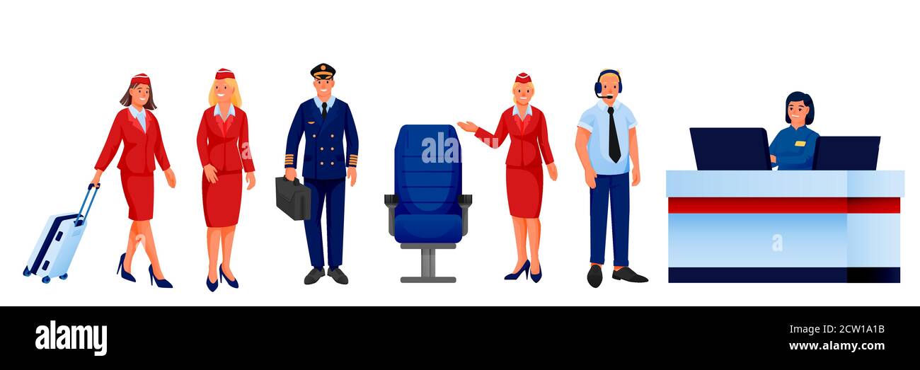 Das Team der Flughafenfluggesellschaften ist auf weißem Hintergrund isoliert. Vektorgrafik. Männer Frauen Berufskräfte in der Luftfahrt. Pilot, Stewardess, Anmeldung Stock Vektor