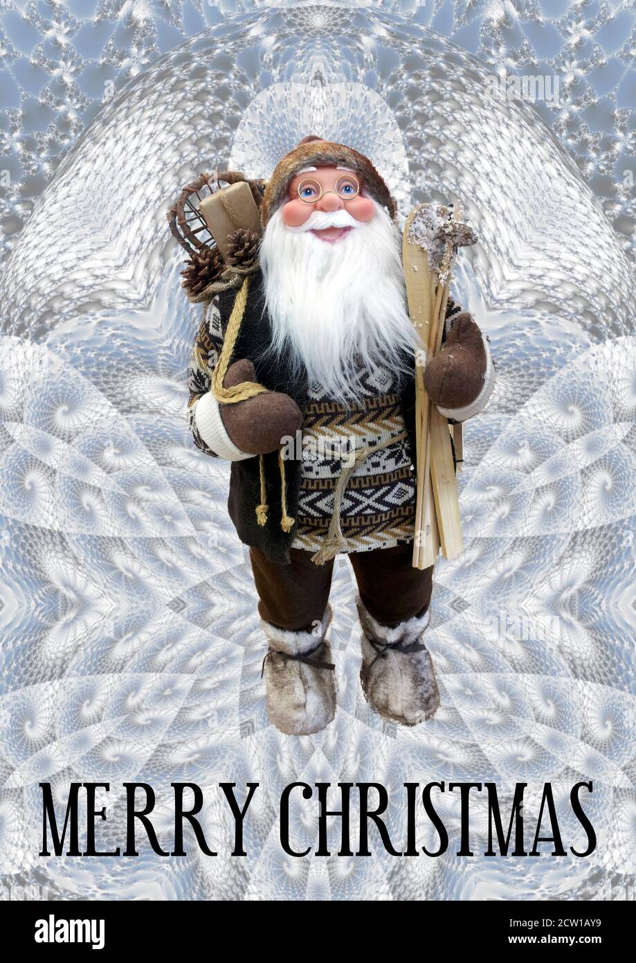 Hier kommt der Weihnachtsmann: Stimmungsvolles, zeitgenössisches Weihnachtsgrüßdesign mit Weihnachtsmann. Stockfoto