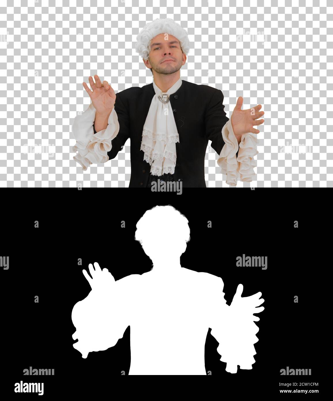 Mann gekleidet wie Mozart beim Betragen ausdrucksstark dirigieren Stockfoto
