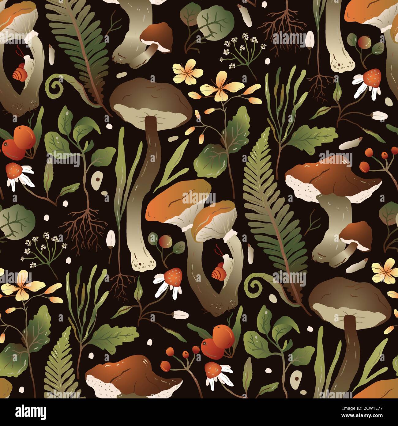 Handgezeichnete trendige Wald Hintergrund. Nahtloses Vektor-Blumenmuster mit Herbstmotiven im flachen Stil. Pilze, Celandine, Kamille und Farn Wildkräuter und Blumen. Stock Vektor