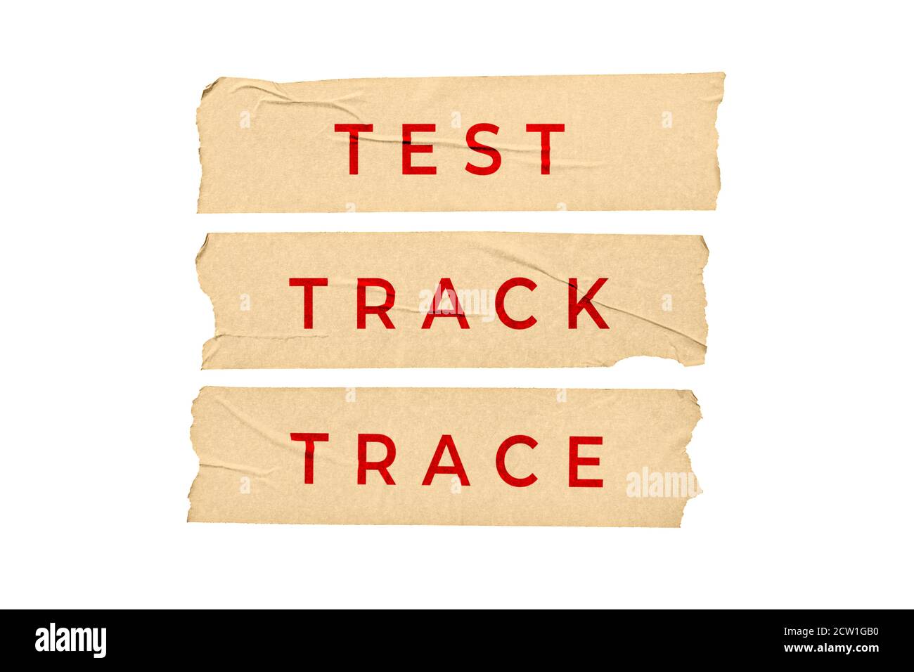 Test Trace Track Konzept. Kleben Sie Sticker mit Text isoliert auf weißem Hintergrund Stockfoto