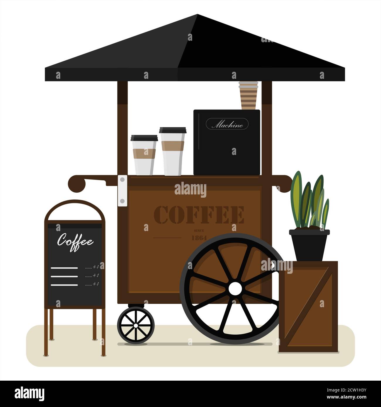 Street Cart Verkauf von Kaffee. Flache Vektordarstellung eines tragbaren Straßenstandes mit Baldachin, Billboard und Kaffeemaschine. Stilvolle Holztheke mit Kaffee zum Mitnehmen. Street Food, Sommer mobile Cafeteria für den Park, Platz, Markt, Messe und Stadtstraßen. Stock Vektor