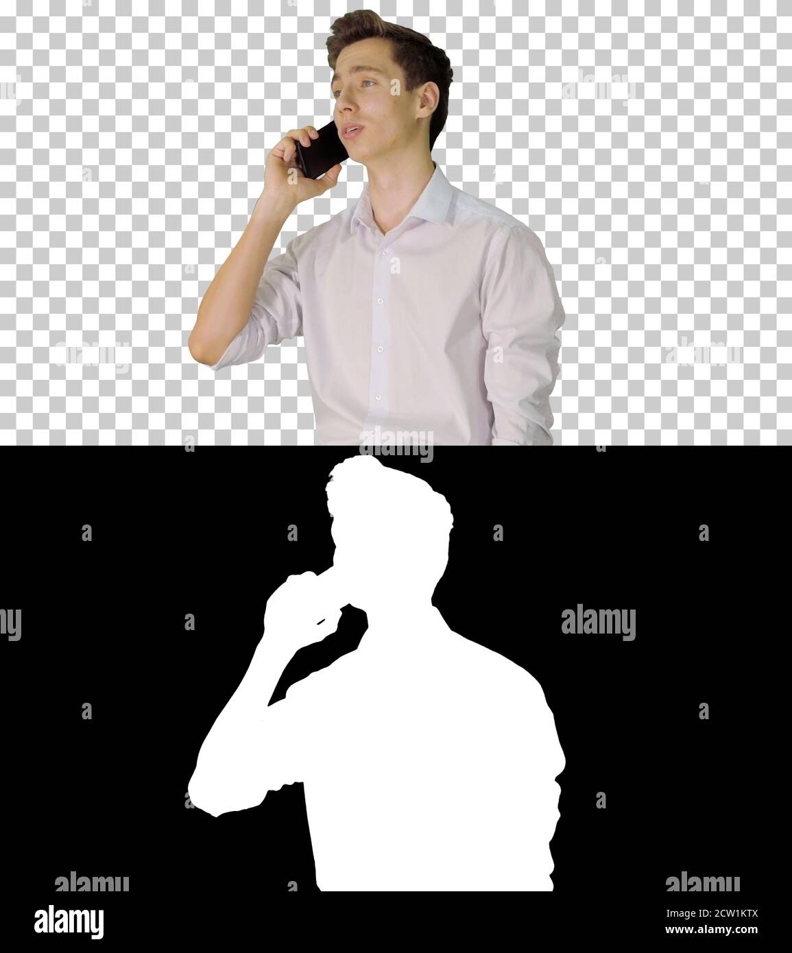 Schöner Mann mit Telefongespräch beim Gehen, Alpha-Kanal mit Stockfoto