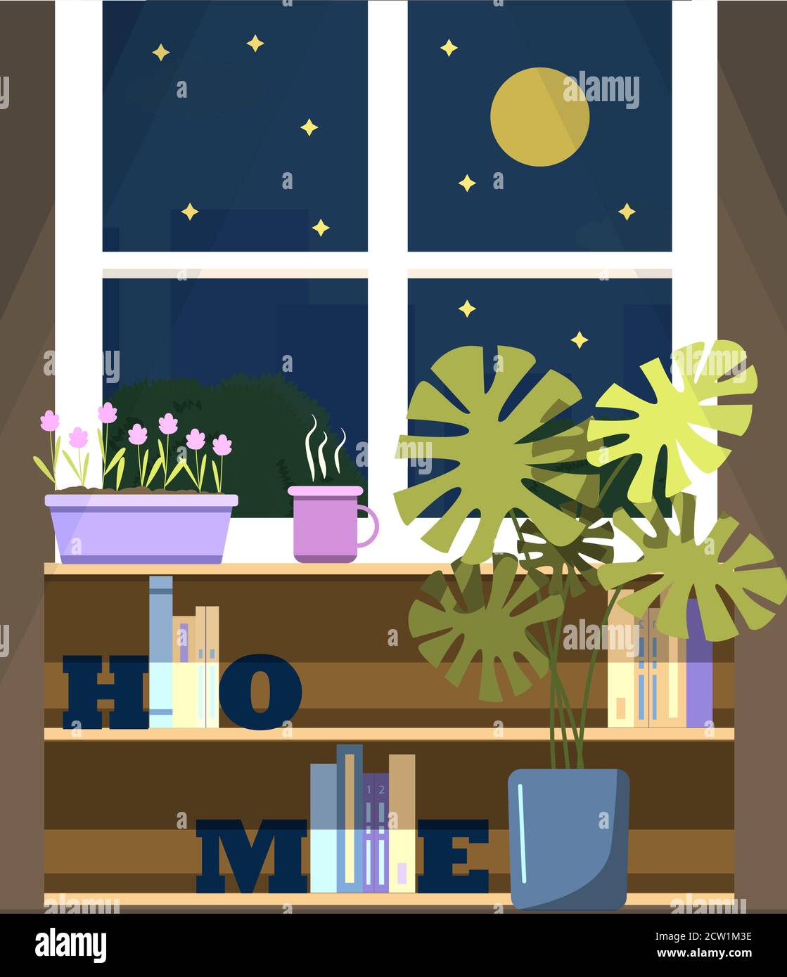 Vektorfenster mit Blick auf die Nachtstadt, mit einer Blume auf der Fensterbank und einer Tasse Tee. Eine flache Illustration eines Raumes mit Bücherregalen, Buchhaltern, einer Hausblume in einem Monstera-Topf und einem Fenster mit Blick auf den Mond, Hochhäuser und Bäume. Gemütliches Haus bei warmem Sommerwetter. Stock Vektor