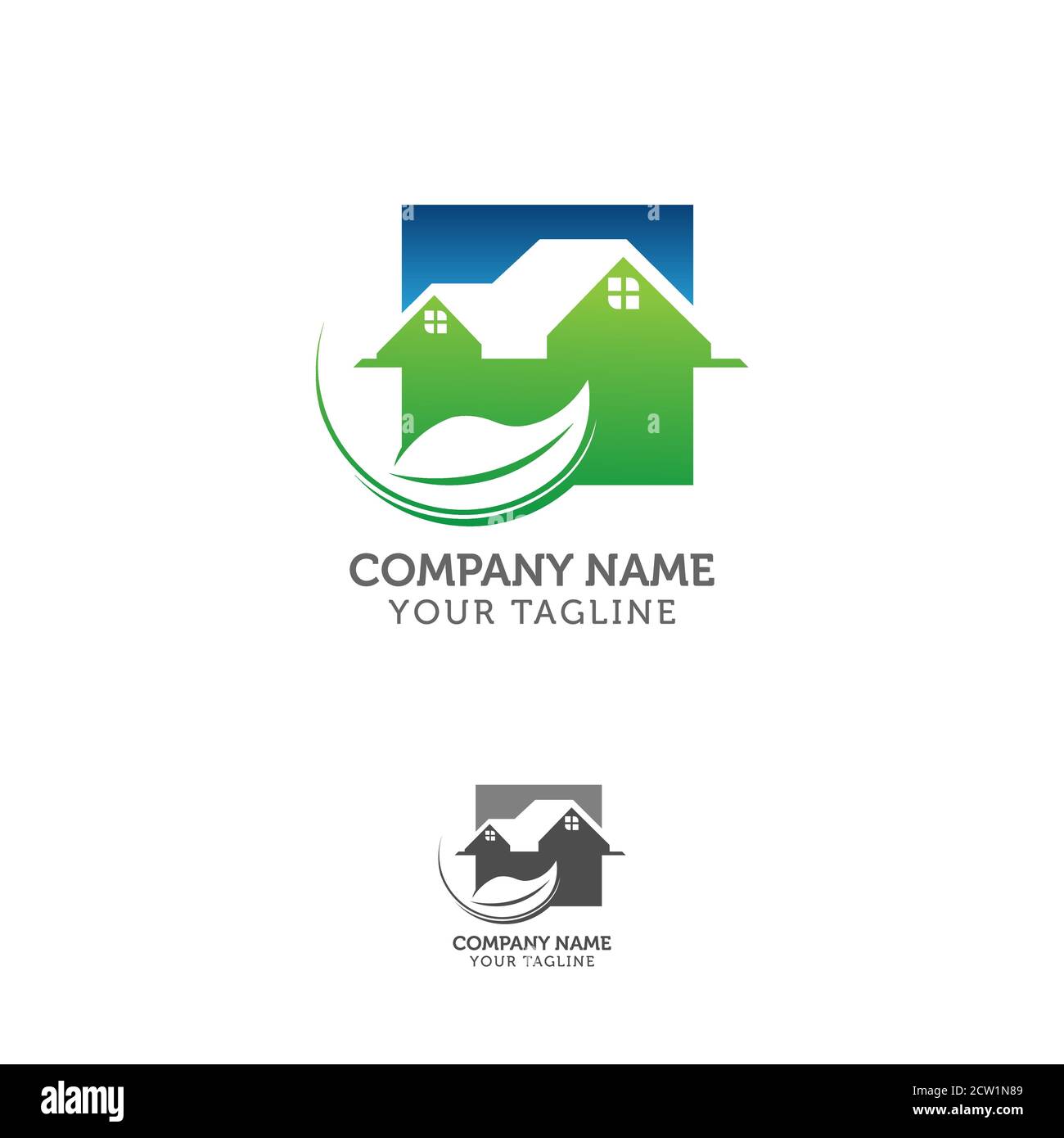 Modernes grünes Wohnlogo, Farbverlauf, Hausbau und Blatt-Vektor-Symbol Stock Vektor