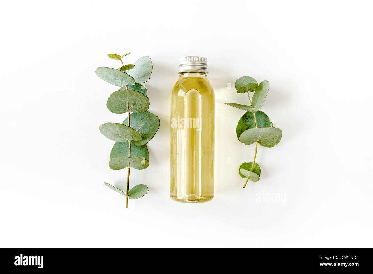 Flasche ätherisches Eukalyptusöl, Eukalyptusblätter auf weißem Hintergrund. Natürliche, organische Kosmetikprodukte. Flach liegend, Draufsicht. Stockfoto
