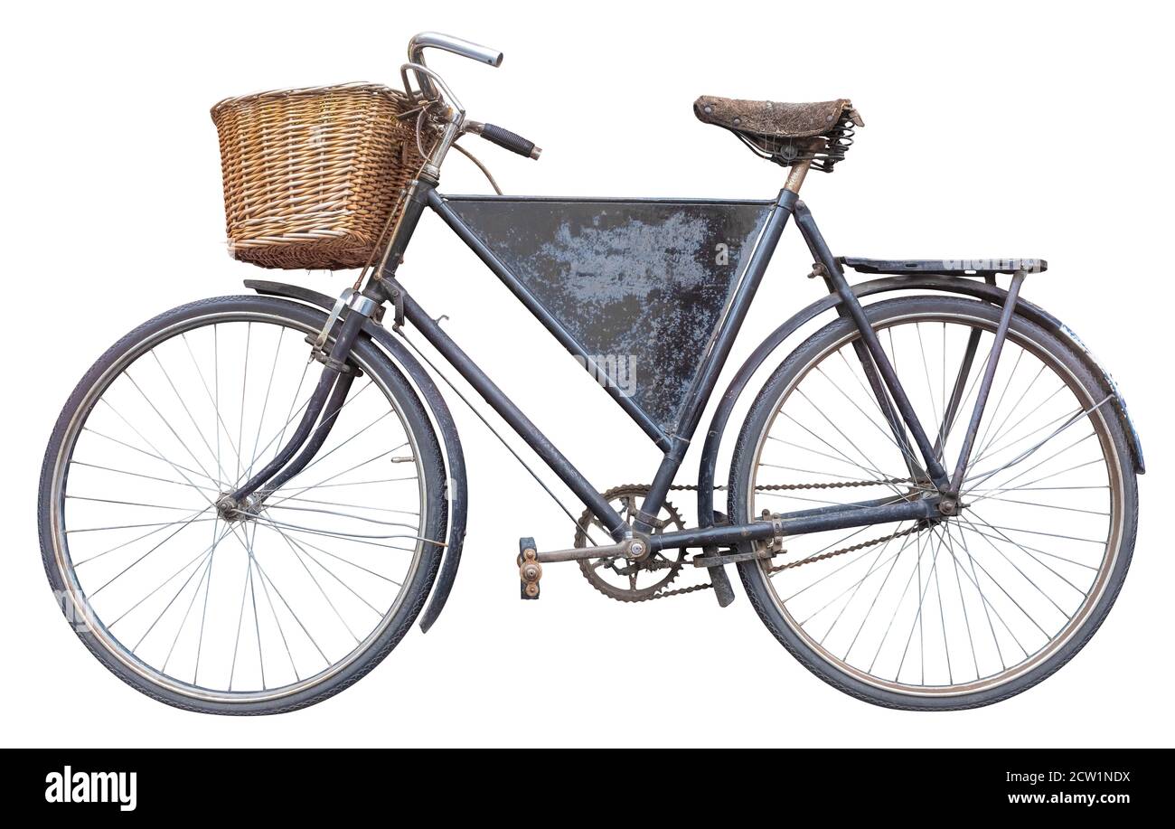 Isolierte Vintage Retro Lieferungen Fahrrad für EINE Bäckerei oder Lebensmittelgeschäft Mit leerem Zeichen speichern Stockfoto