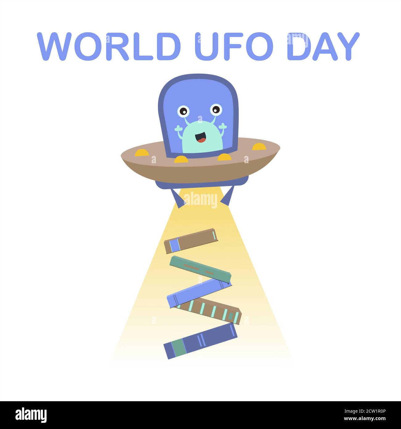 Vektorbild für internationalen UFO-Tag. Ein flaches Bild einer fliegenden Untertasse mit Aliens, die etwas vom Planeten Erde stehlen wollen. Eine lustige Cartoon-Illustration mit einem Raum-Thema. Aliens wollen Bücher stehlen. Stock Vektor