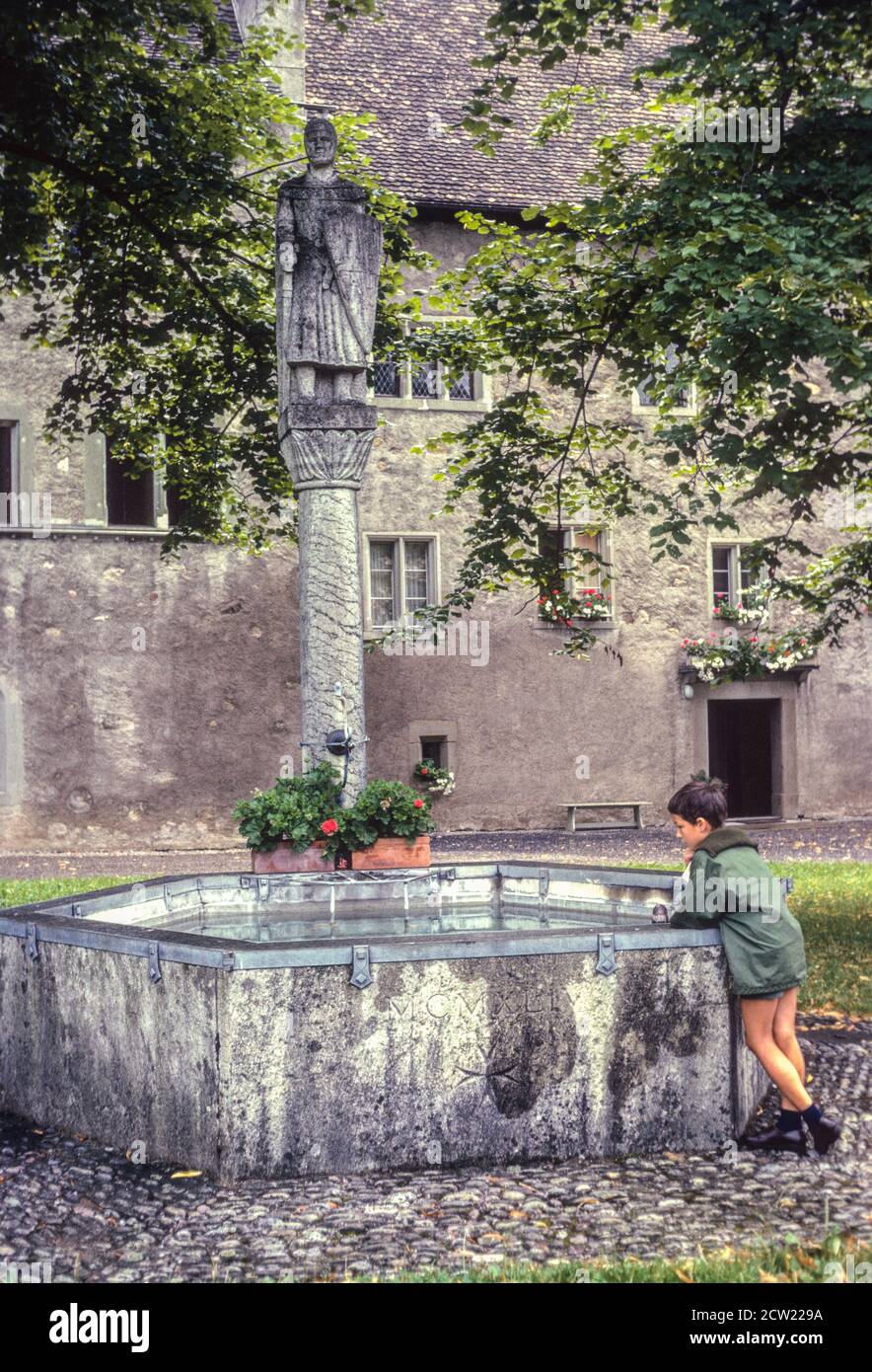 Bubikon, Schweiz. Brunnen am Ritterhaus, ein nationales Kulturerbe. Fotografiert Im Juli 1966. Stockfoto