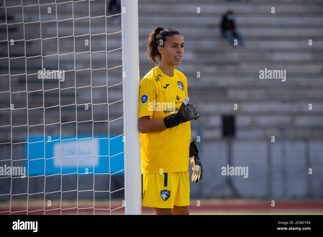 Constance Picaud von Le Havre AC reagiert während der Frauen Französische Meisterschaft D1 Arkema Fußballspiel zwischen Paris FC und Le Havre AC am 2. September Stockfoto