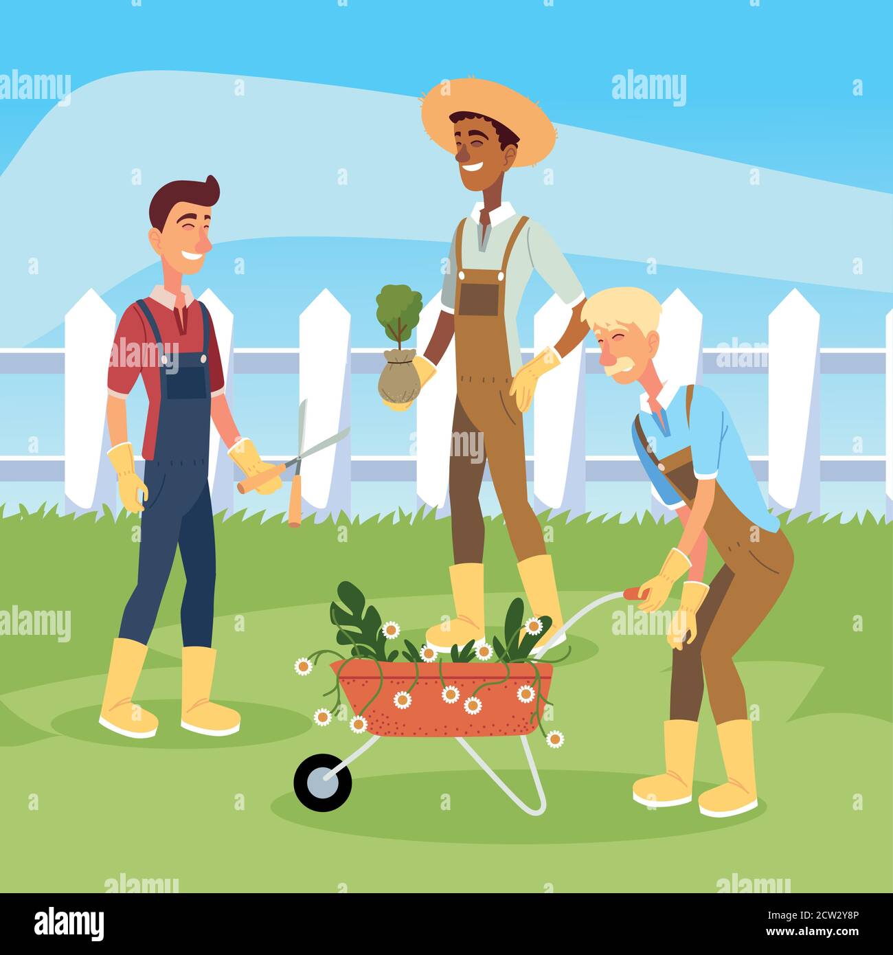 Gärtner Männer Cartoons mit Blumen Schubkarre Design, Garten Pflanzen