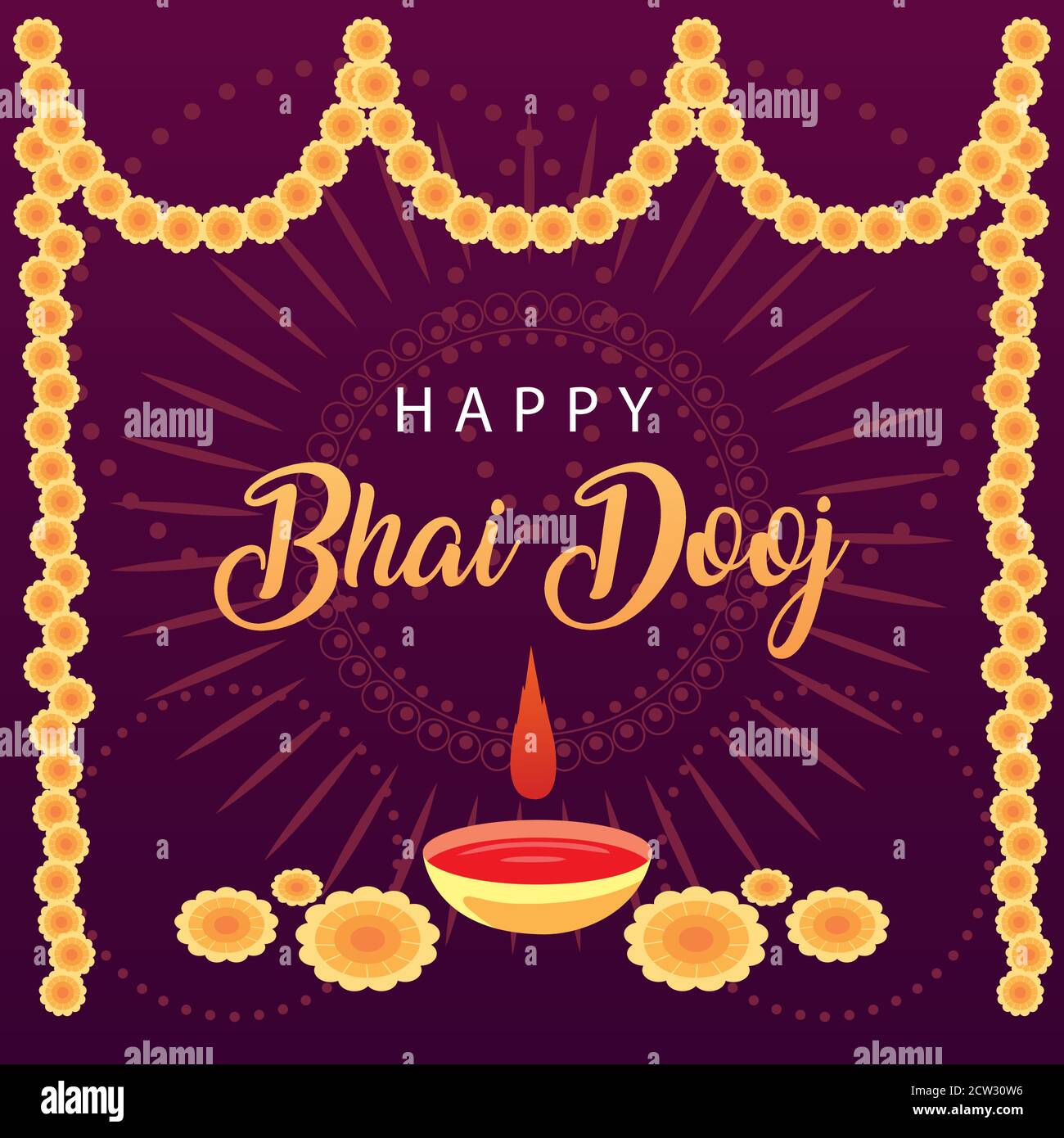 Happy bhai dooj mit gelben Blumen bindi Drop und Schüssel Design, Festival und Feier Thema Vektor Illustration Stock Vektor