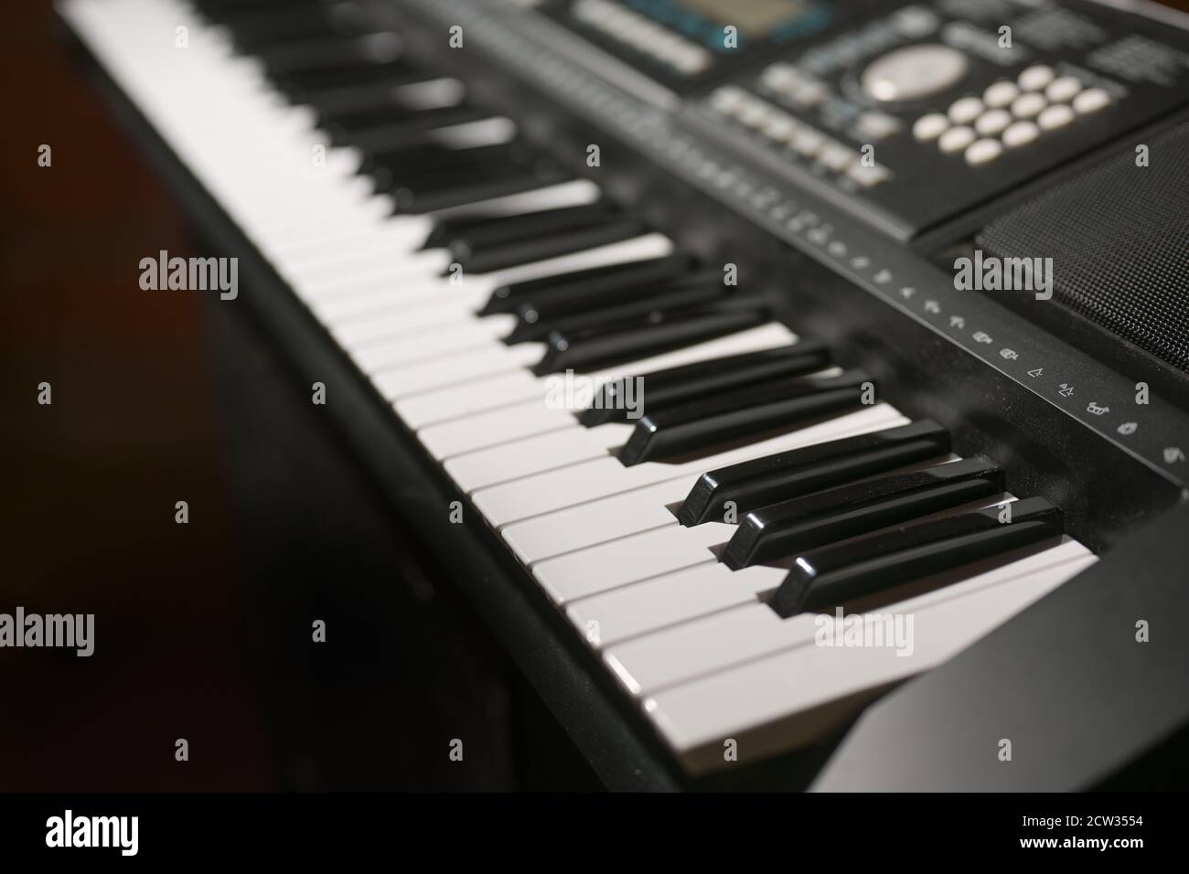 Teil eines digitalen Klavier-Synthesizer-Keyboards, Musikkonzept, ausgewählter Fokus, sehr enge Schärfentiefe Stockfoto