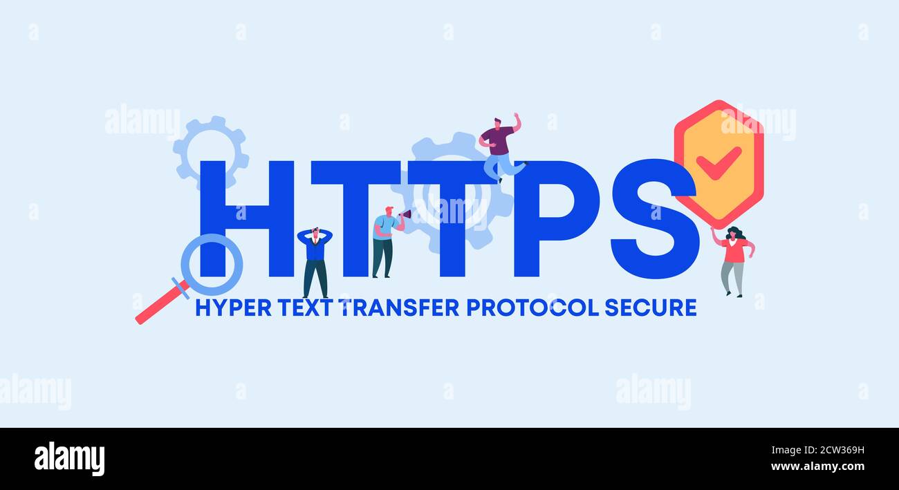 HTTPS Hyper Text Transfer Protocol sicher. Codierungs- und Programmiertechnologien und digitale Web-Software-Grafik. Stock Vektor