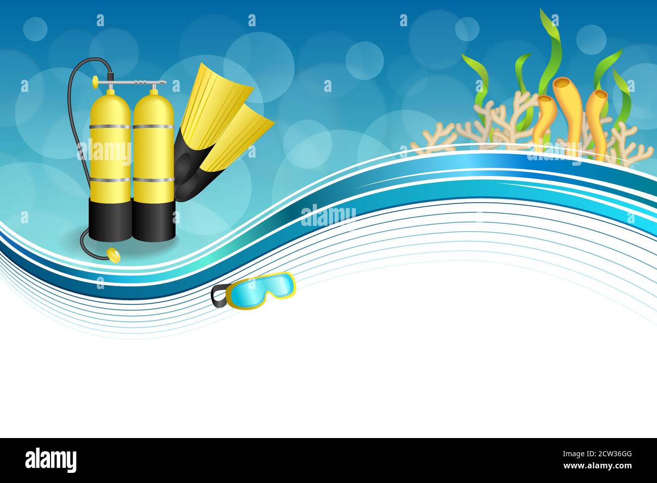 Hintergrund abstrakt blau Tauchen Sport gelb aqualung Flossen Maske Rahmen Illustrationsvektor Stock Vektor
