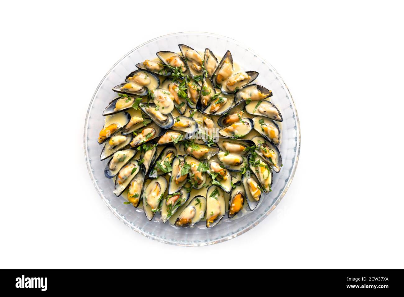 Blaue Muscheln mit Weißweinsauce, Zwiebeln, Knoblauch und Petersilie garnieren auf einer großen Glasplatte serviert, isoliert auf weißem Hintergrund, Hochwinkel-Ansicht Stockfoto