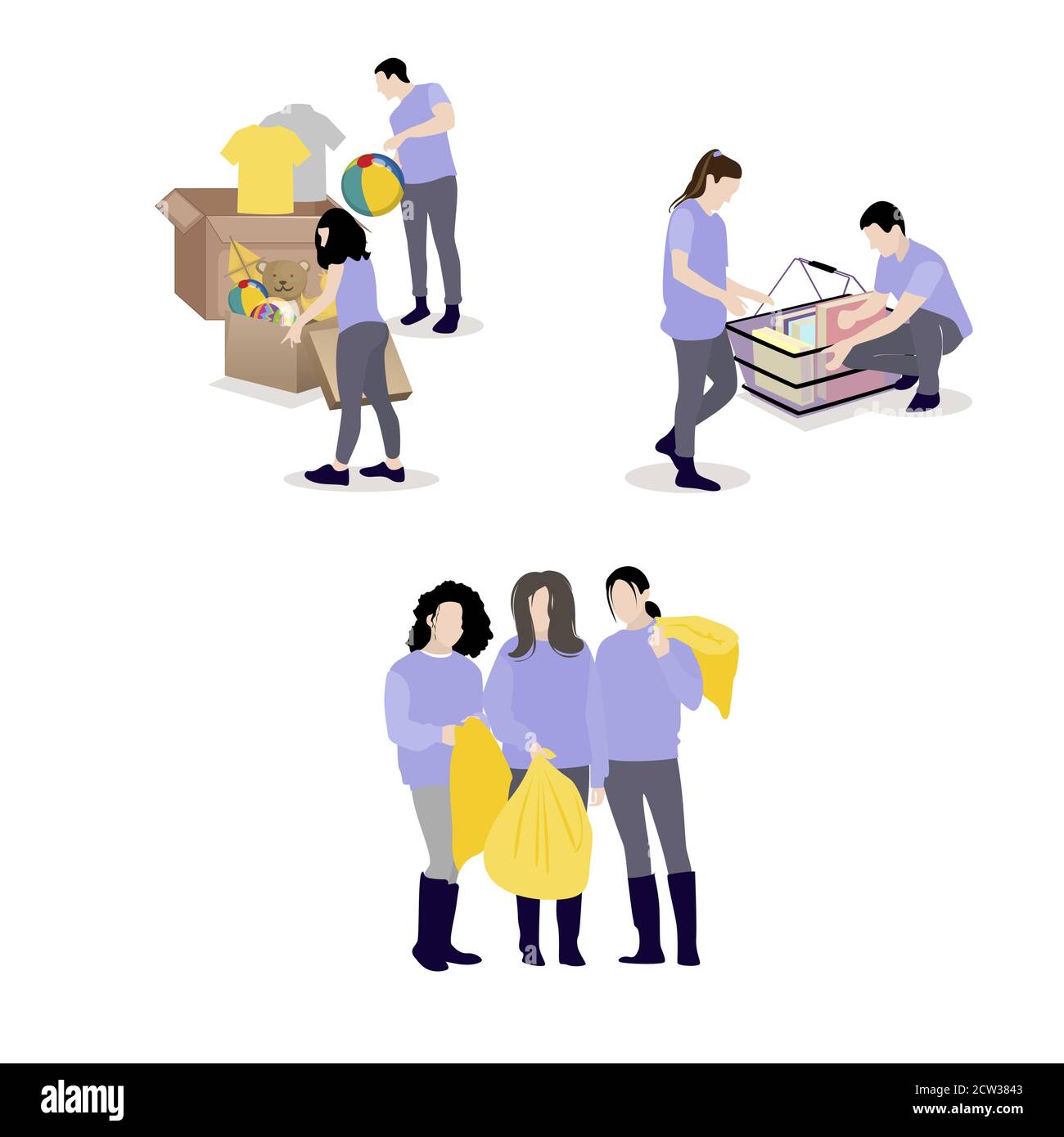 Freiwillige sammeln benötigte Dinge, um Kindern und Bettlern zu geben. Vector Hilfe und Pflege, soziale Wohltätigkeit, helfen Freiwilligenarbeit Gemeinschaft, unterstützen und tun Stock Vektor
