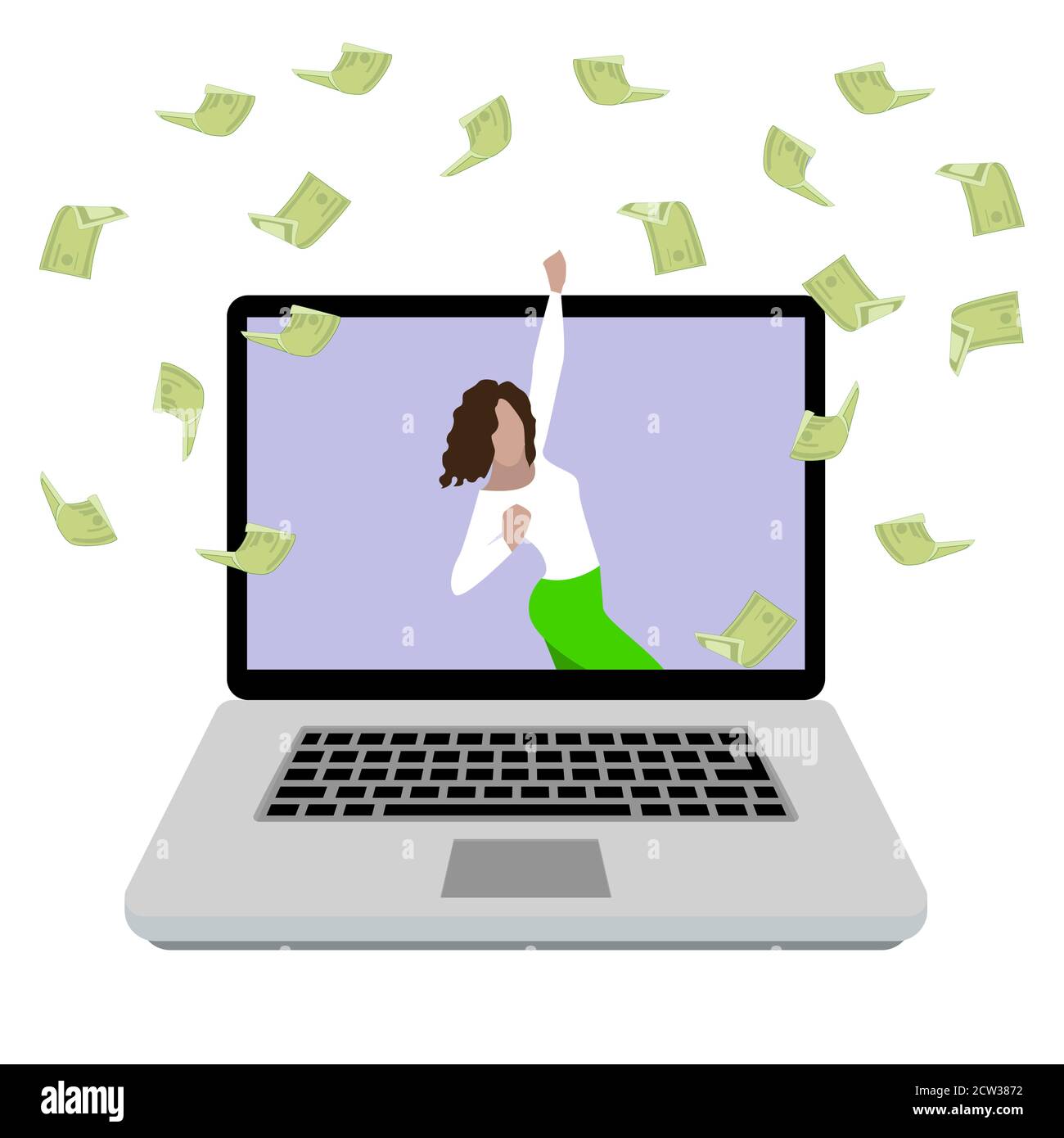 Frau genießen Geld Preis. Glückliche Mädchen gewinnen in Online-Lotterie. Award in Online-Wetten, Glücksspiel im Internet-Casino, Geldpreis. Vektordarstellung Stock Vektor