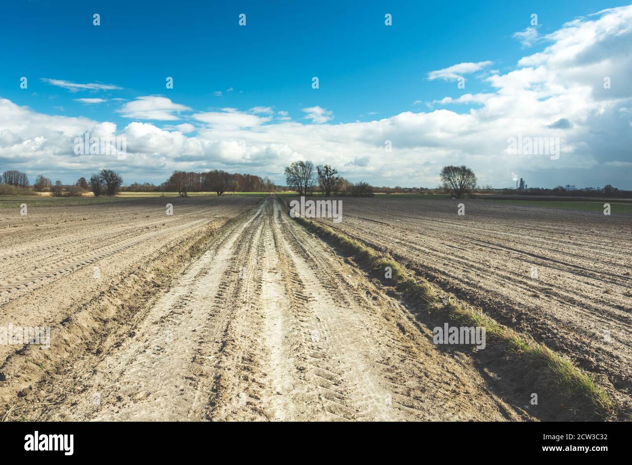 Unbefestigte Straße durch gepflügte Felder und Wolken am Himmel Stockfoto
