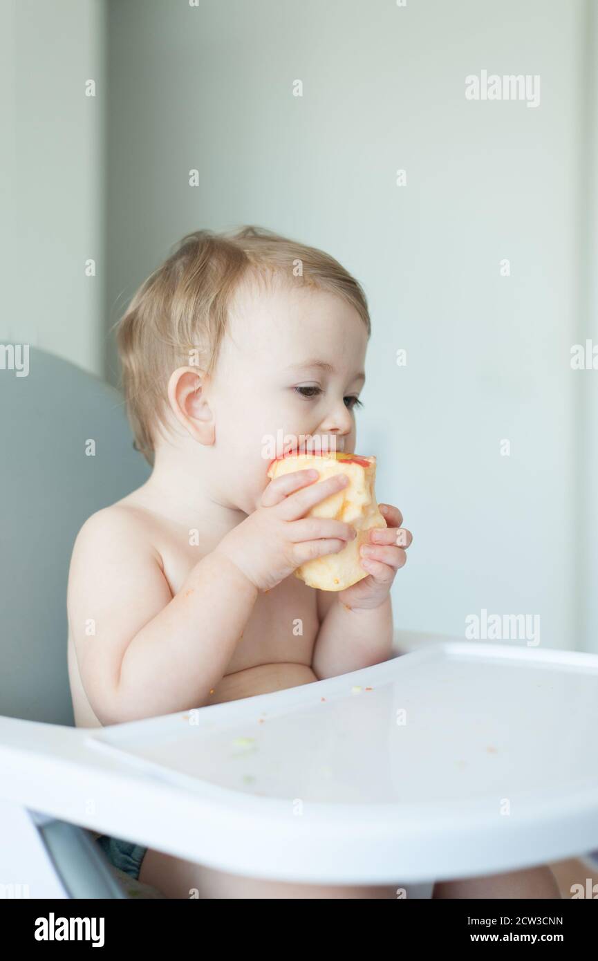 Baby essen einen Apfel auf einem Hochstuhl sitzen Stockfoto