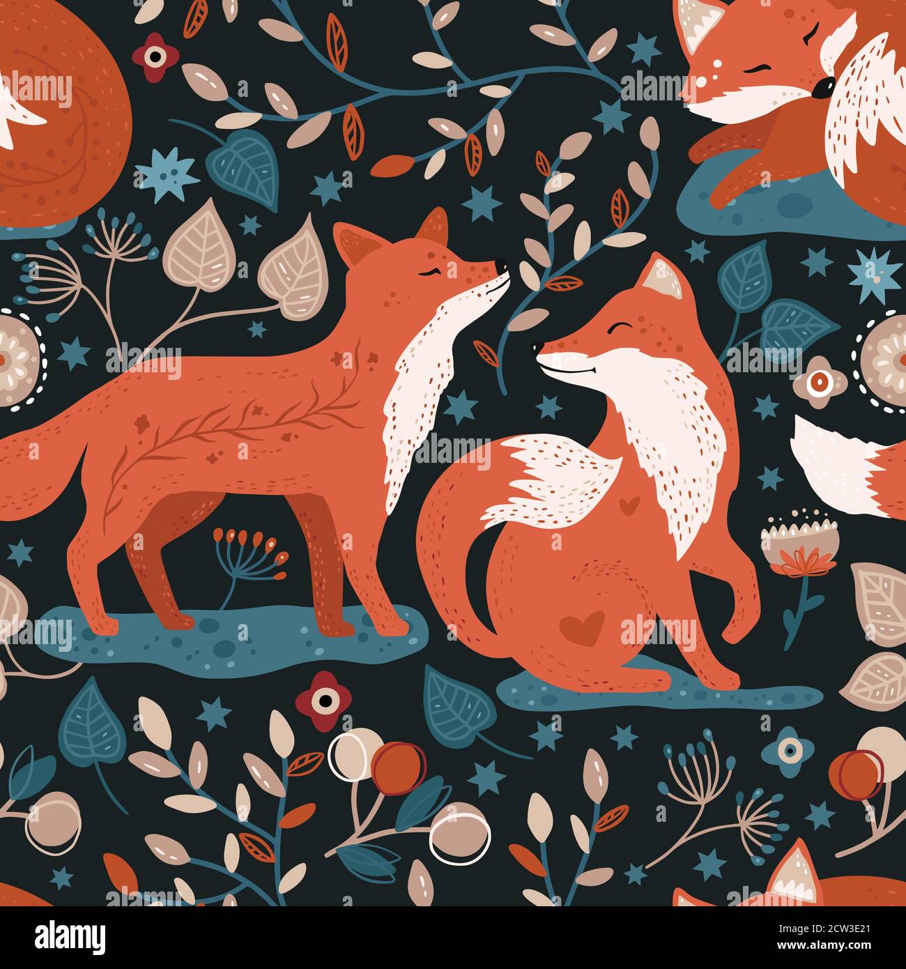 Nordisch skandinavischen Fuchs nahtlose Vektor-Muster. Hand gezeichnet niedlichen Cartoon Whismical Wald Tier Illustration auf einem dunklen Hintergrund. Stock Vektor