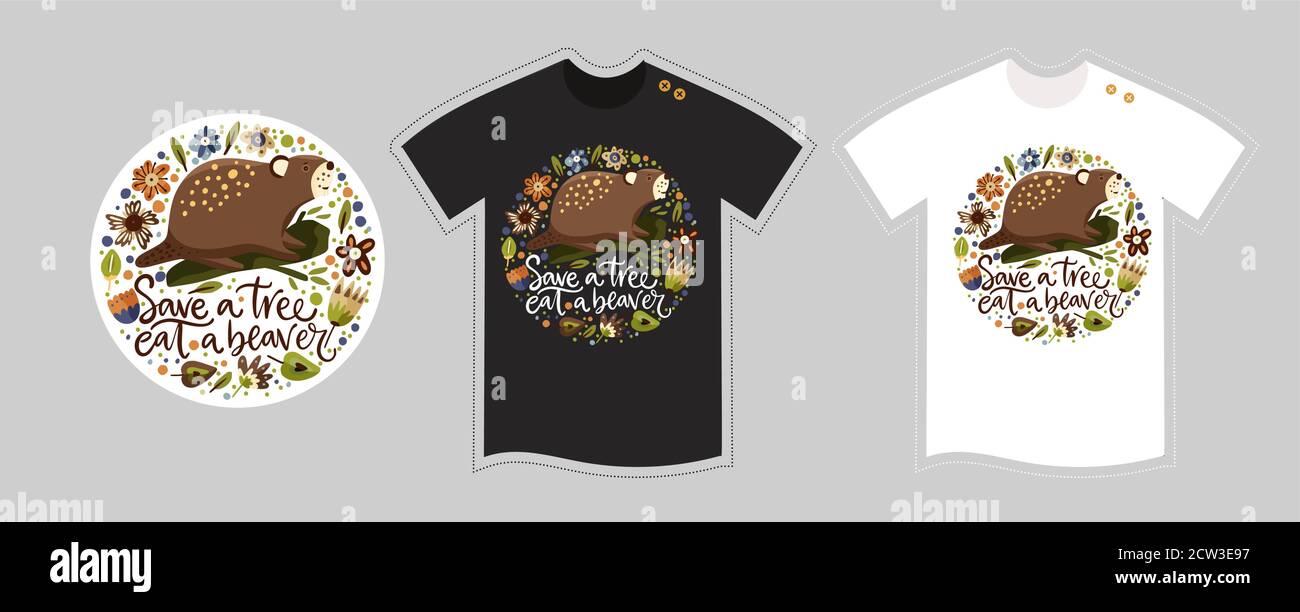 Vektor T-Shirt Design Vektor-Vorlage für Kinder und Erwachsene auf weiß und schwarz. Niedliche Wald Cartoon detaillierte Illustration. Humor Funny Quote - Save a Tree Eat a Biber. Textil Grafik T-Shirt von Hand gezeichnet verzierten Wald Tier Druck. Stock Vektor