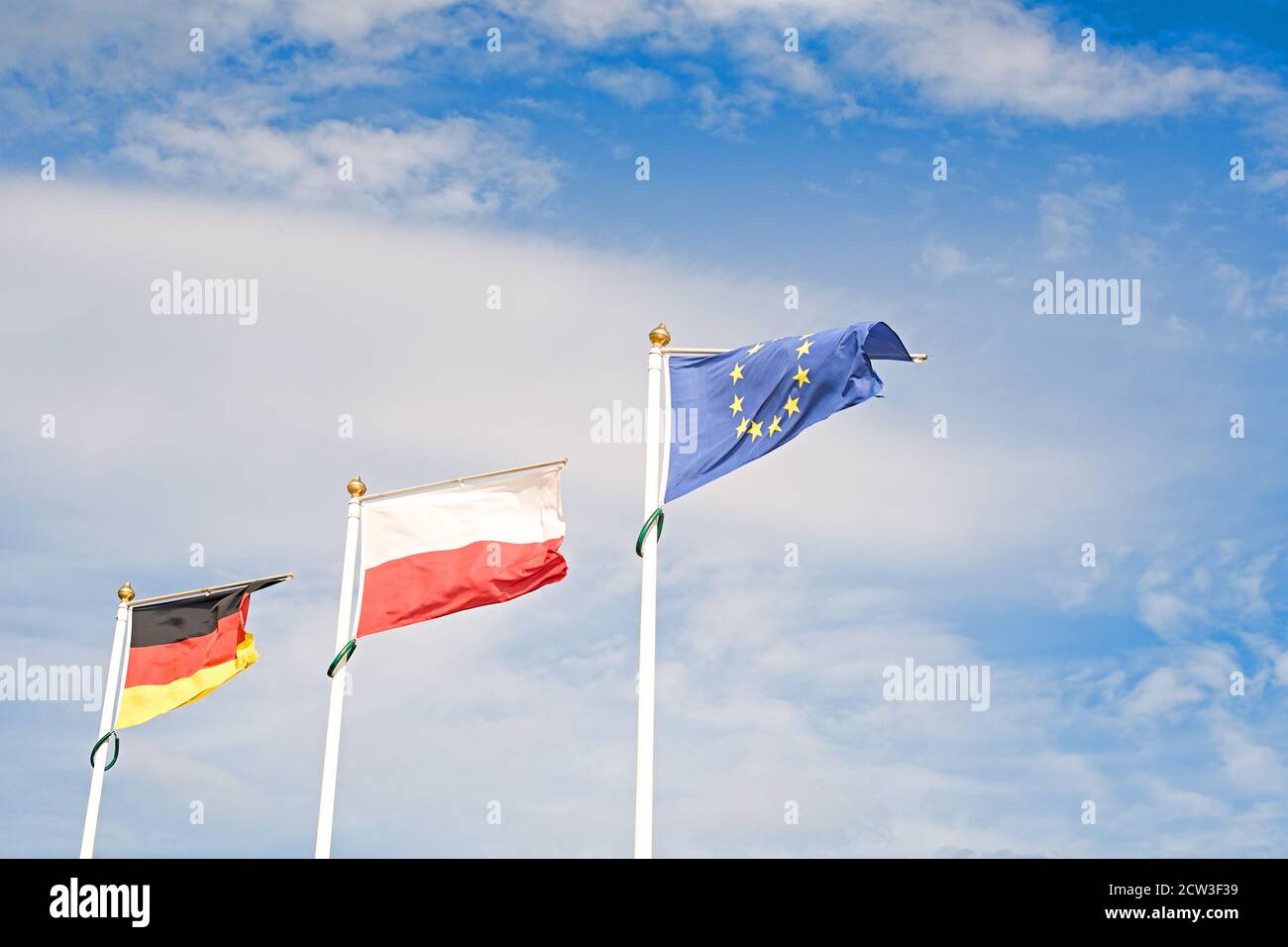 Flagge Deutschlands, Polens und der Europäischen Union. Politik, Soziale Gleichstellung und Wirtschaftskonzept Stockfoto
