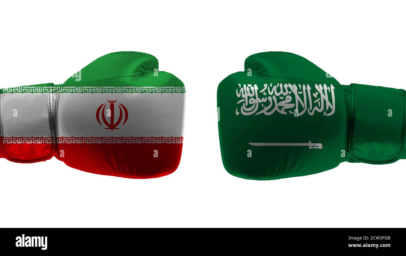 Konzept des Konflikts zwischen der Islamischen Republik Iran und dem Königreich Saudi-Arabien mit zwei Boxhandschuhen. 3d-Rendering Stockfoto
