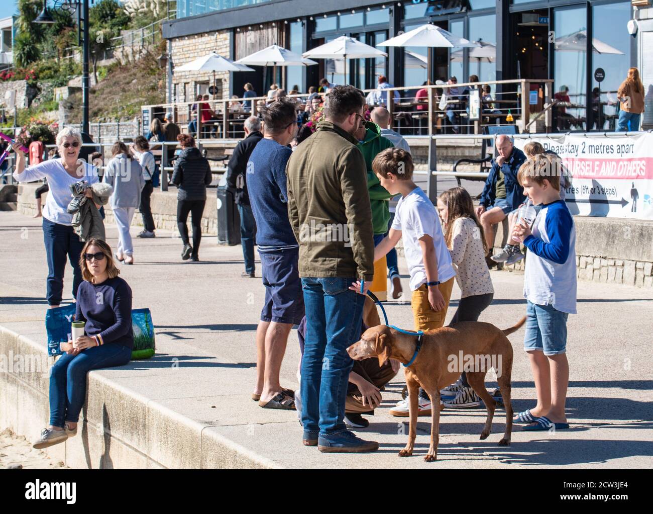 Lyme Regis, Dorset, Großbritannien. September 2020. UK Wetter: Ein heller und sonniger Tag mit einem kühlen Wind bei Lyme Regis. Die Menschen wickeln sich warm, um einen flotten Spaziergang entlang der Küste bei Lyme Regis genießen. Kredit: Celia McMahon/Alamy Live Nachrichten Stockfoto