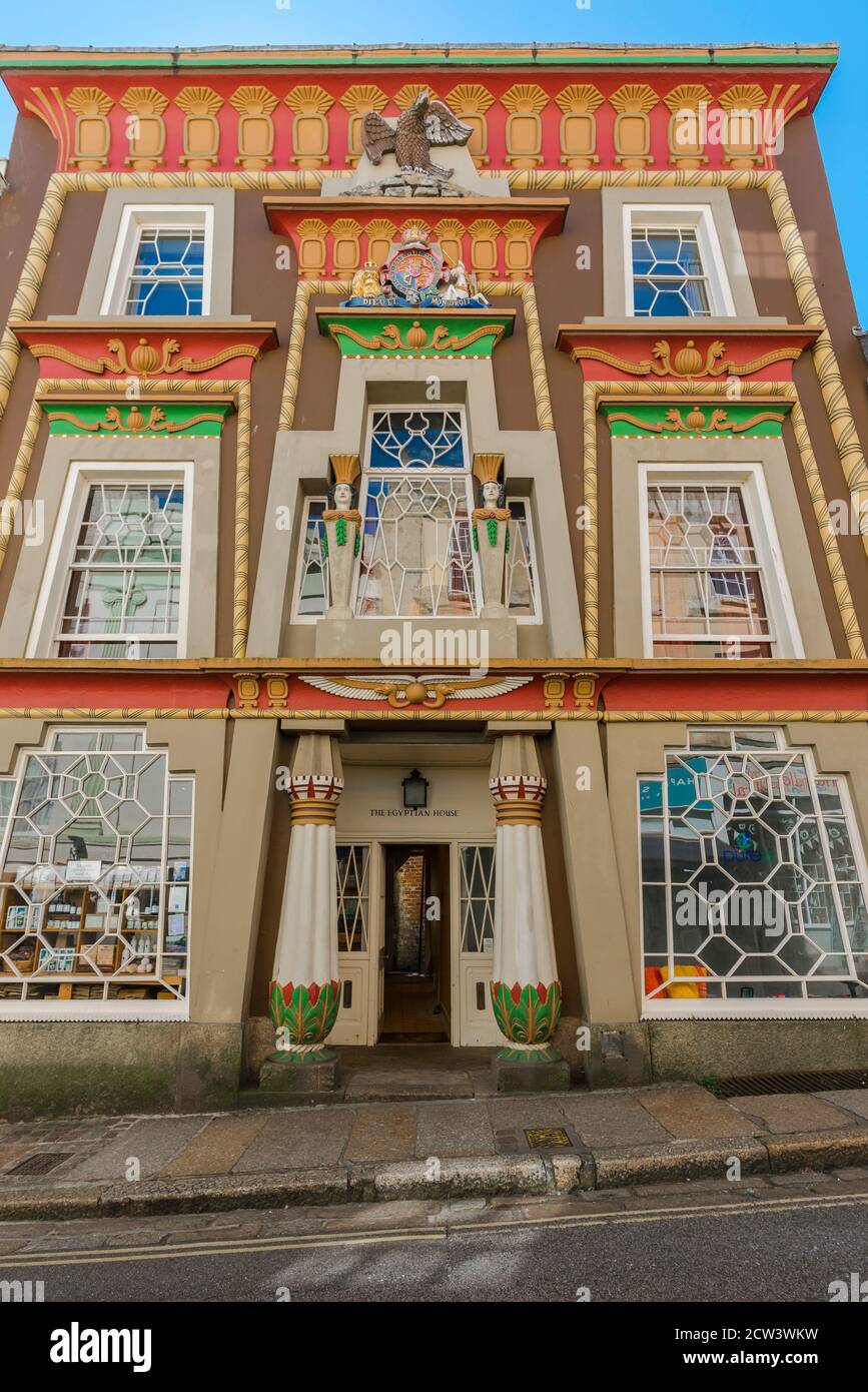 Ägyptisches Haus, Blick auf das Wahrzeichen Ägyptisches Haus in Chapel Street, Penzance, England, Großbritannien Stockfoto