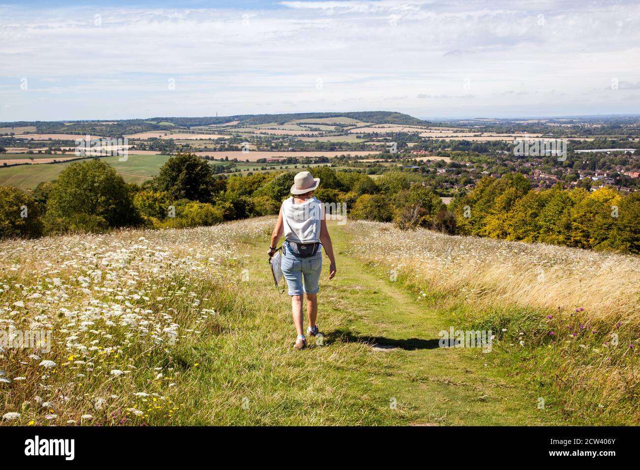 Frau zu Fuß auf dem Ridgeway National Fernwanderweg Bei Brush Hill über Princes Risborough The Chilterns Buckinghamshire England Stockfoto