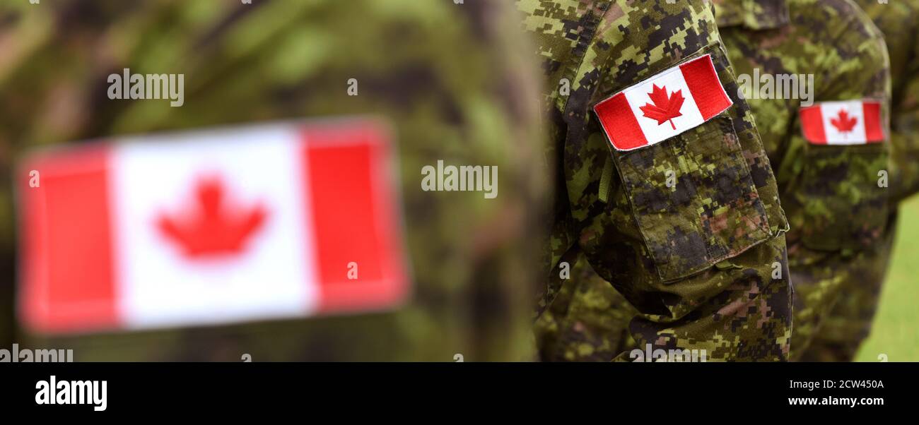 Kanada Tag. Flagge Kanadas auf der Militäruniform und rotem Ahornblatt. Kanadische Soldaten. Armee von Kanada. Kanada Blatt. Remembrance Day. Mohntag. Stockfoto