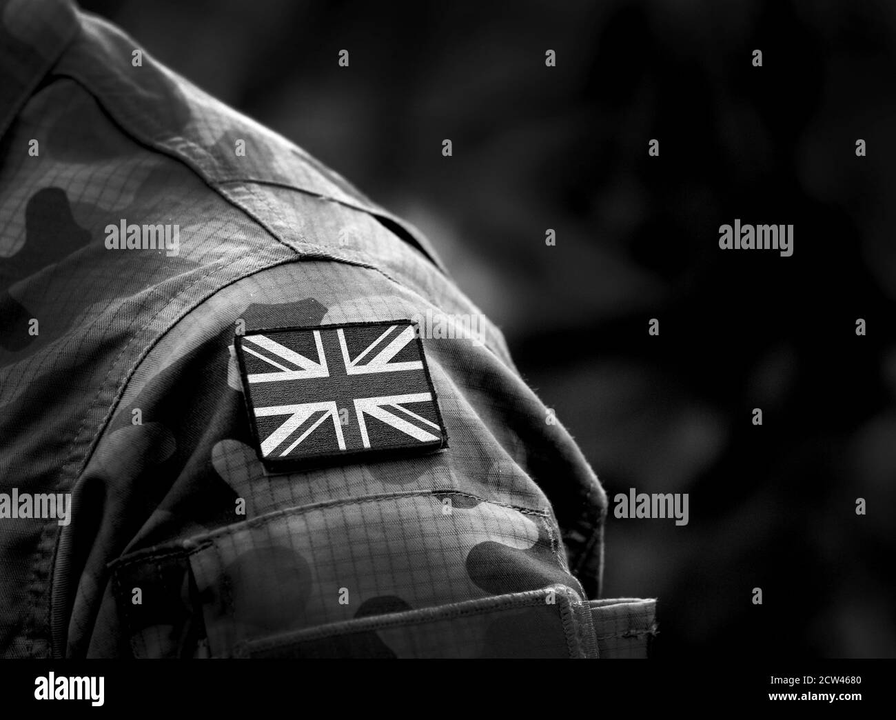 Flagge des Vereinigten Königreichs auf Militäruniform. Britische Armee. Britische Streitkräfte. Remembrance Day. Mohntag. Leeres Leerzeichen für Text. Collage Stockfoto
