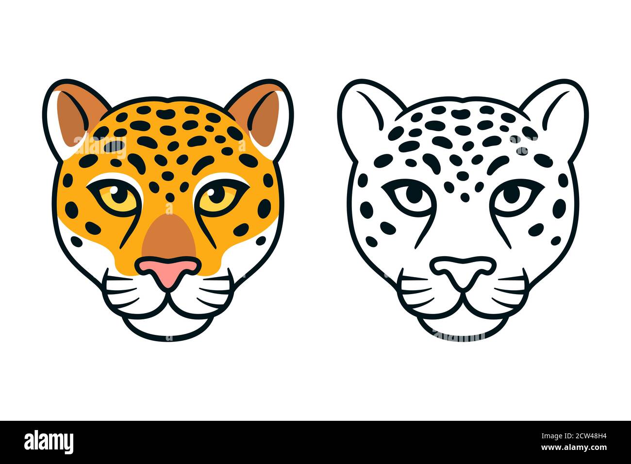 Cartoon jaguar oder Leopardenkopf. Wild Big Cat Gesicht, Farbe und schwarz-weiß, Maskottchen oder Logo-Design. Isolierte Vektordarstellung. Stock Vektor