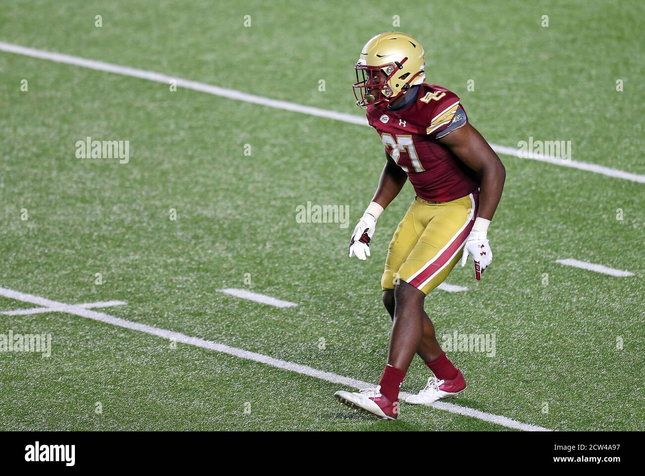 Alumni-Stadion. September 2020. MA, USA; Boston College Eagles Defensive Back Kameron Arnold (27) in Aktion während des NCAA Fußballspiels zwischen Texas State Bobcats und Boston College Eagles im Alumni Stadium. Anthony Nesmith/CSM/Alamy Live News Stockfoto