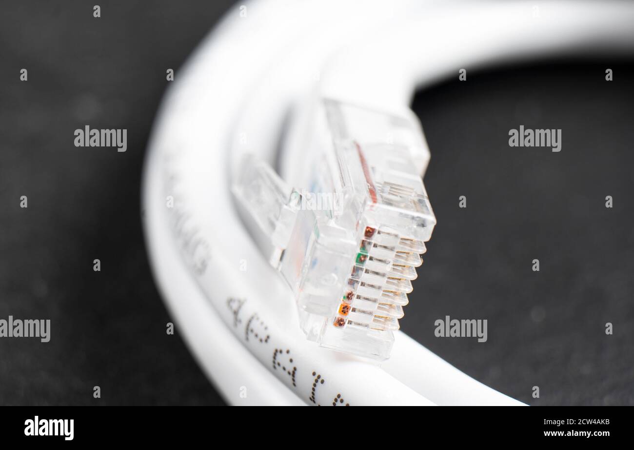 Internet-Datenkabel aus nächster Nähe. Internet-Kommunikationskonzept. Macro Shot Netzwerk-Internet-Kabel. Ethernet-Kabel. Netzwerkkabel Stockfoto