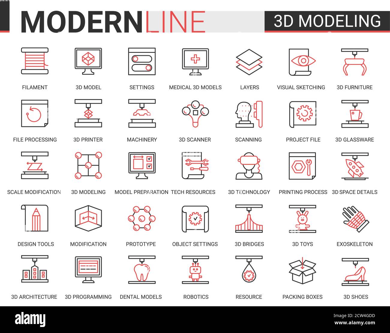 3d-Druck Wissenschaft Technologie flache Web-Symbol Vektor Illustration Set. Rot schwarz dünne Linie kreatives Design mit 3d-Modellierung moderne Cyber-Tech-Drucker Ausrüstung Maschinen, zukünftige wissenschaftliche Innovationen Stock Vektor