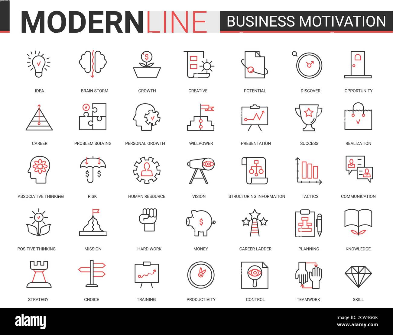 Business Motivation dünne rote schwarze Linie Symbol Vektor-Illustration Set mit motivationalen Umriss Symbole für die Produktivität von Finanzprozessen, Teamarbeit Geschäftsplanung, Kommunikationstraining Stock Vektor