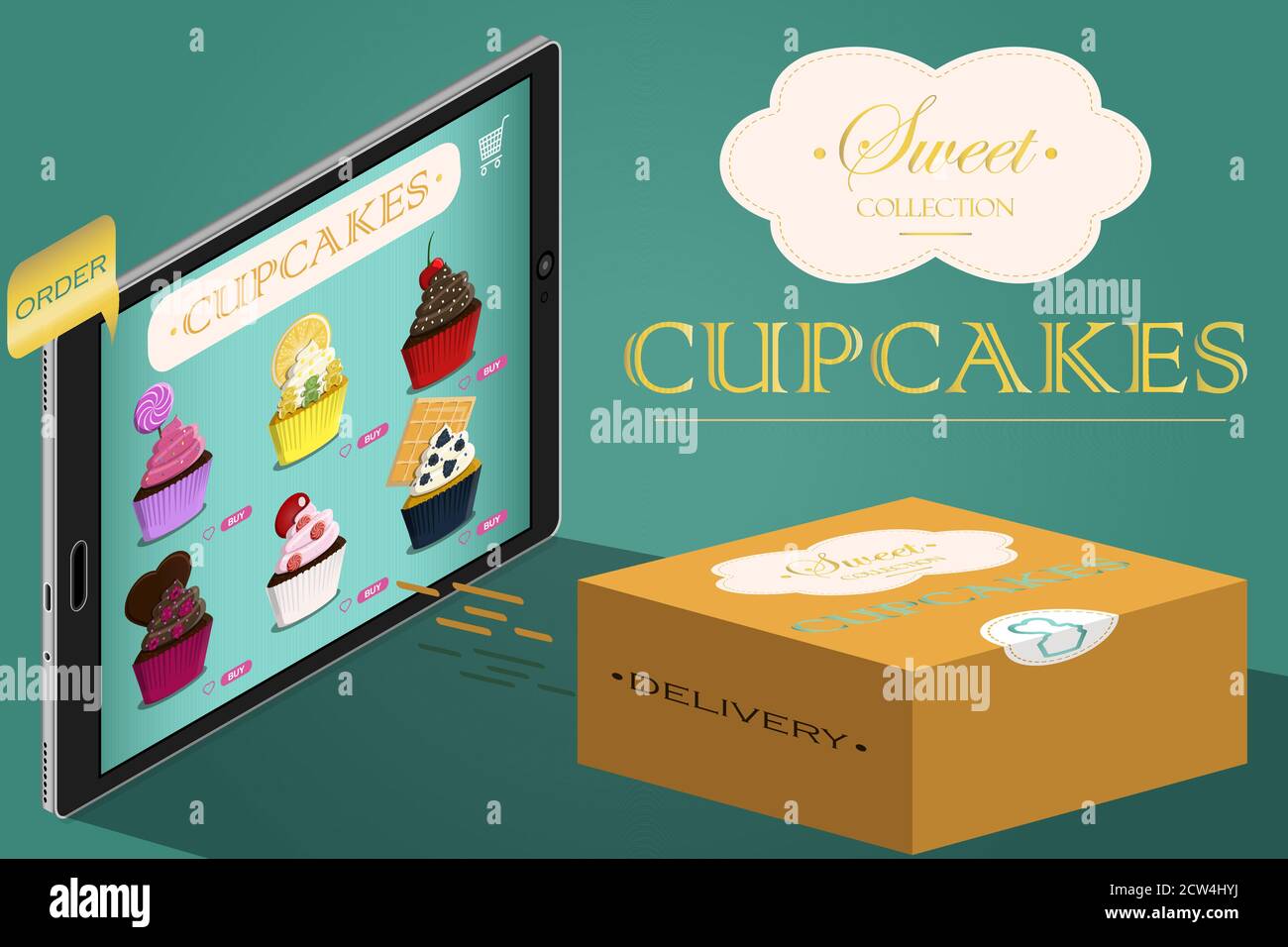 Online Bestellung und Lieferung von leckeren Cupcakes mit Sahne, Topping und Obst. Bestellen Sie Fast Food von zu Hause aus über die App auf Ihrem Smartphone. Vektor isometrische Illustration mit einer Landing Page und Web-Design. Geschäft, Konditorei mit Gebäck und süßen Backwaren. Poster für eine Website oder ein Banner. Stock Vektor