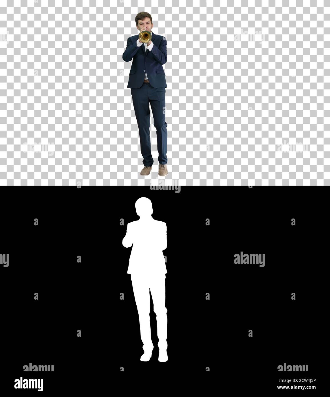 Mann im Anzug stehend Trompete spielen, Alpha Channel mit Silhoue Stockfoto