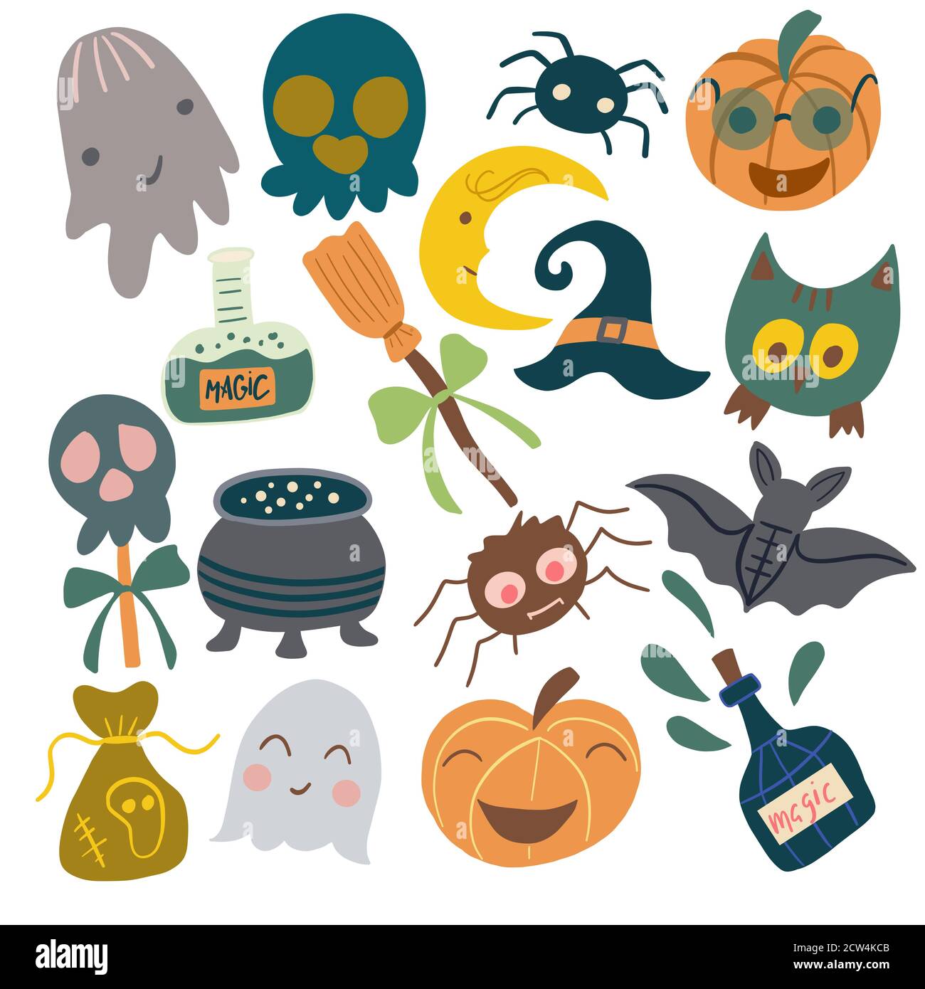 Set von traditionellen Elementen für die Gestaltung von Karten, Plakate für die Feier von Halloween. Vektorgrafiken auf weißem Hintergrund Stock Vektor