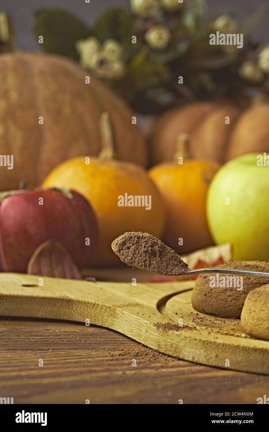 Schokoladenkekse und Herbsternte auf Holztisch. Reife Kürbisse, Äpfel und Kaki auf dem Hintergrund. Löffel mit Gewürzen oder Schokoladenstückchen. Das Konzept von Weihnachten, Thanksgiving und Halloween. Stockfoto