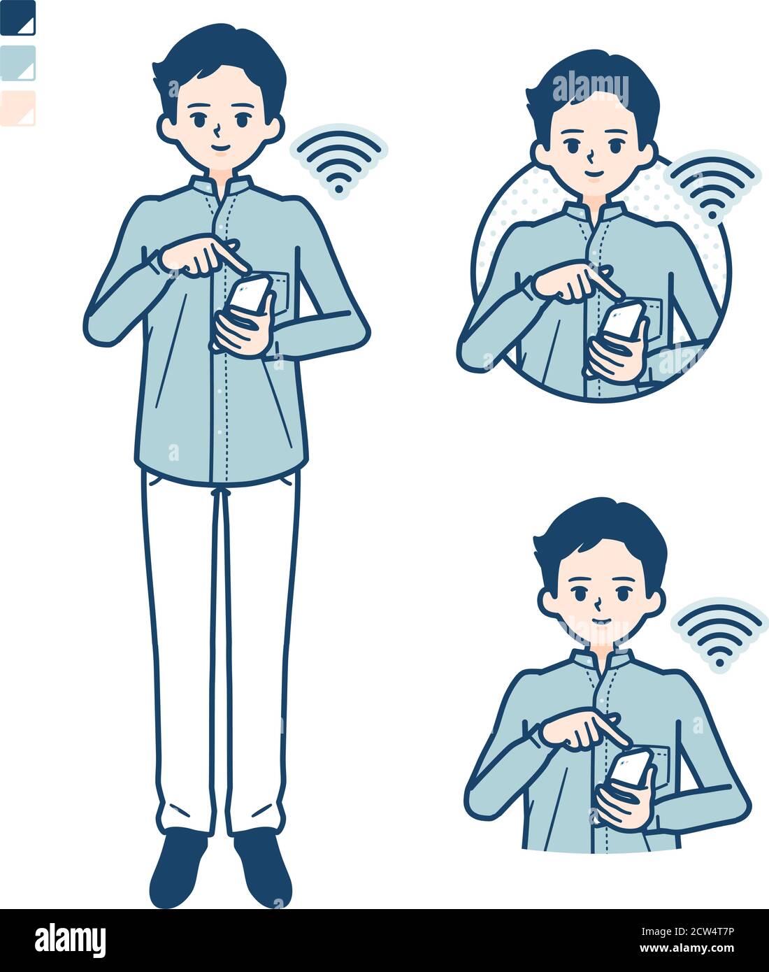 Mann in einem Schirtmit bedienen Smartphone-Bilder. Es ist Vektorgrafik, so ist es einfach zu bearbeiten. Stock Vektor