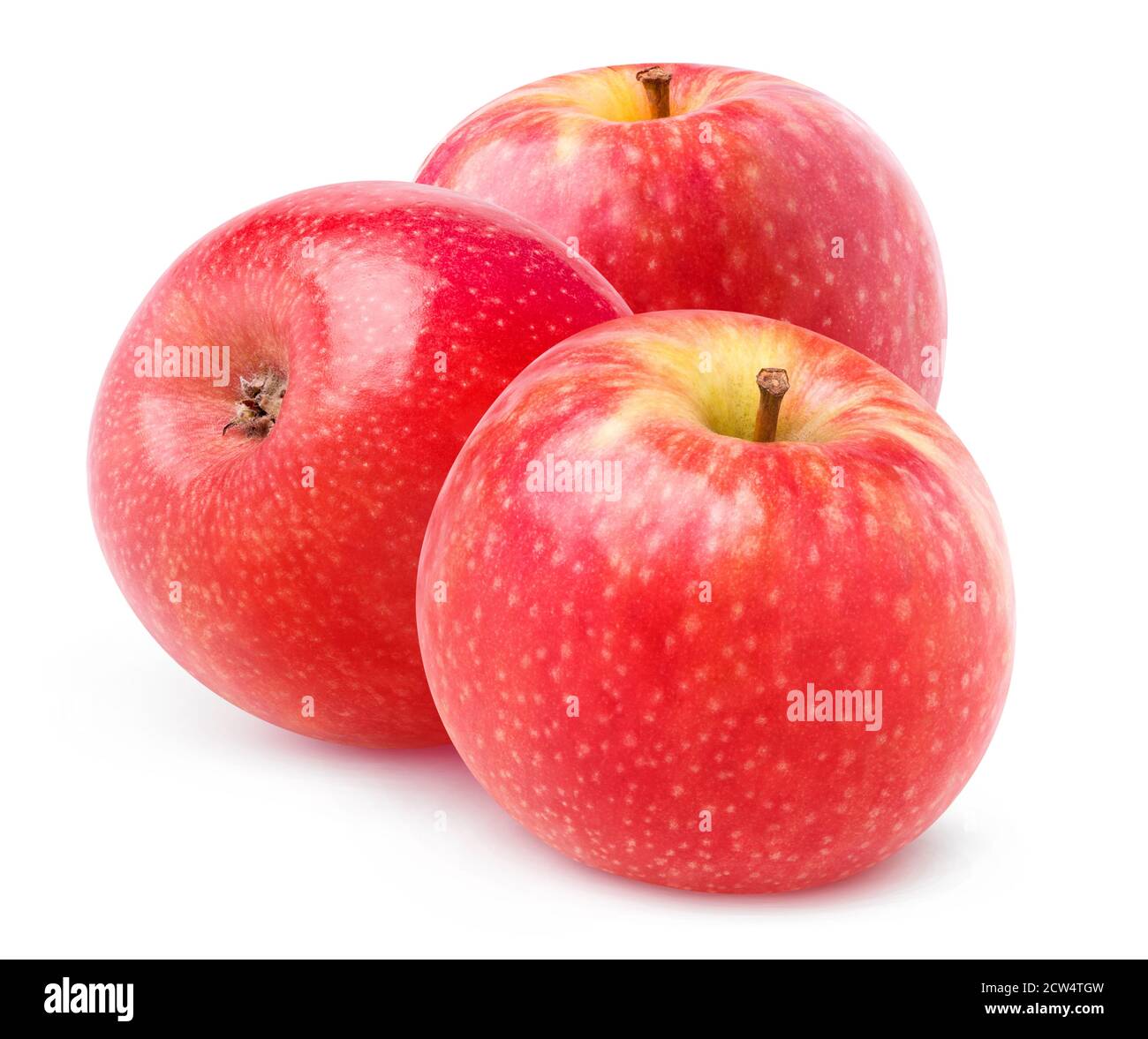 Drei ganze rote Äpfel isoliert auf weißem Hintergrund Stockfoto